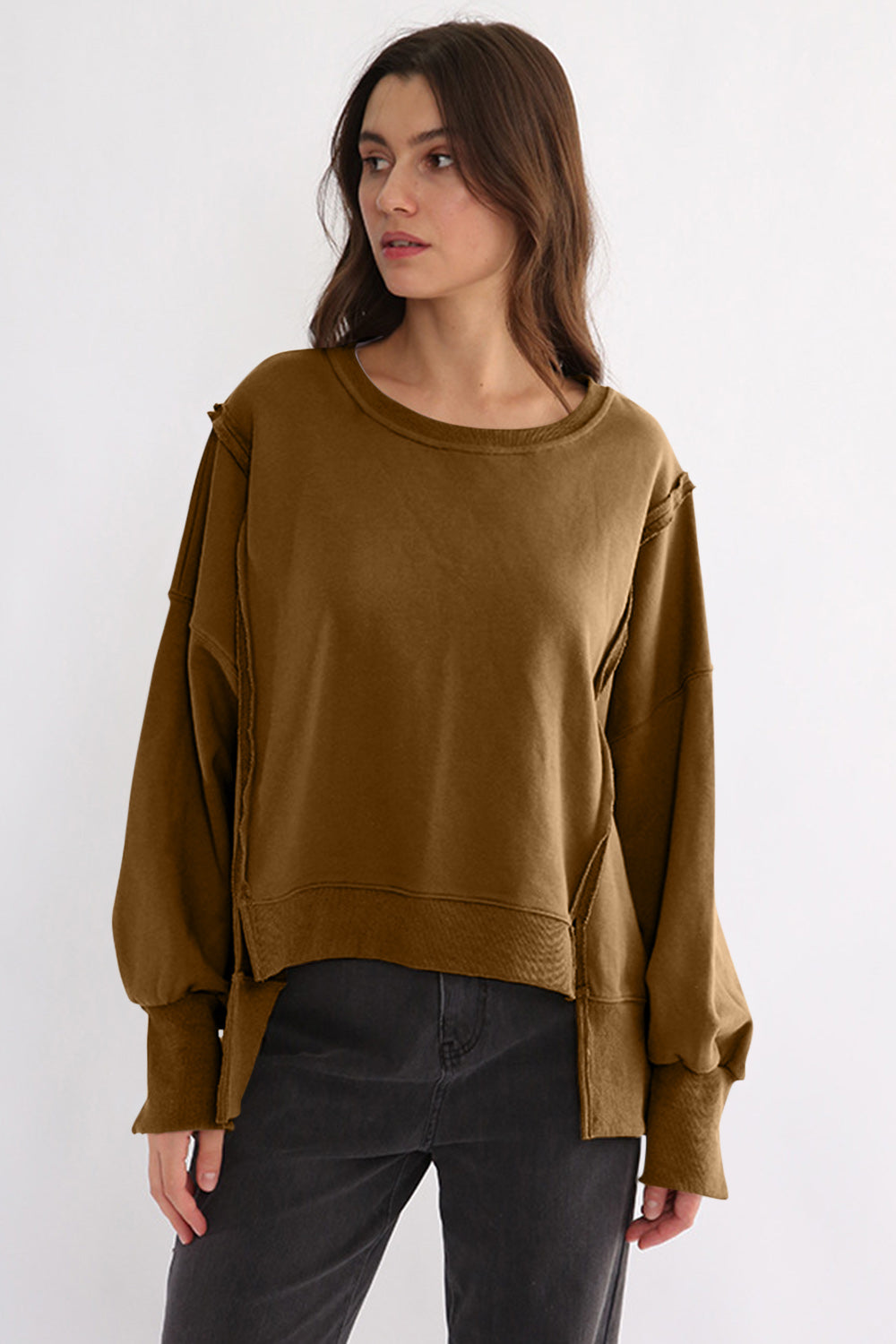 Exposed Seam High-Low Long Sleeve Sweatshirt-TOPS / DRESSES-[Adult]-[Female]-2022 Online Blue Zone Planet