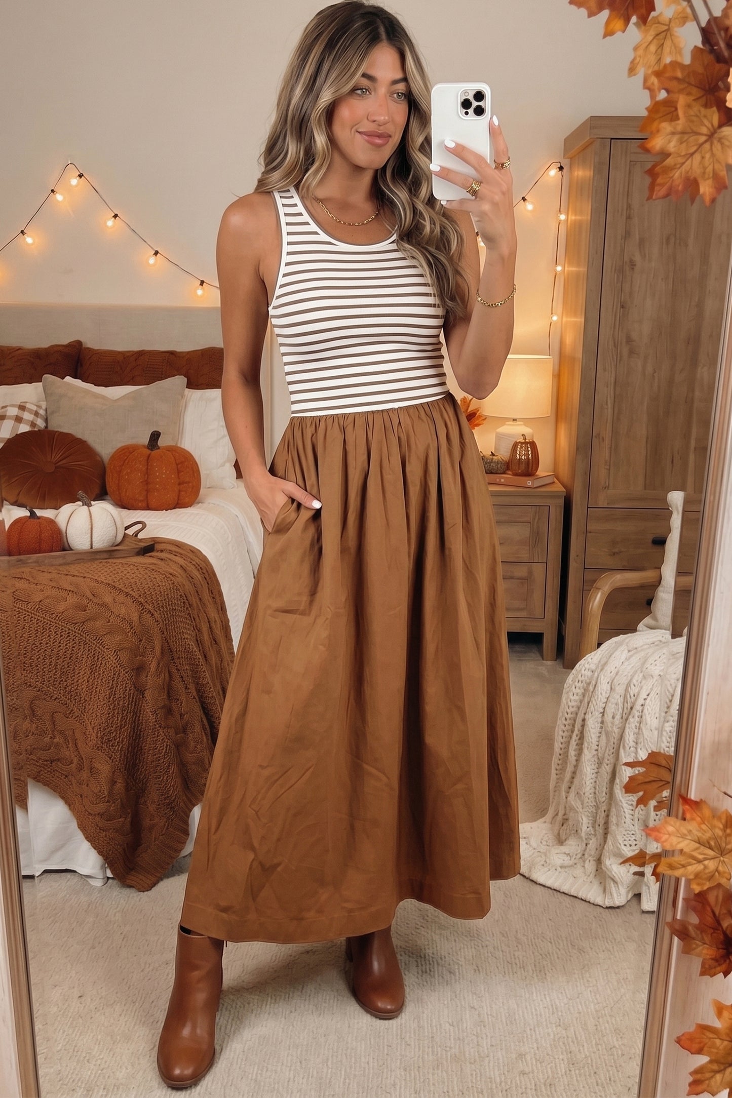 Chestnut Striped Colorblock Patchwork Sleeveless Casual Long Dress-TOPS / DRESSES-[Adult]-[Female]-2022 Online Blue Zone Planet