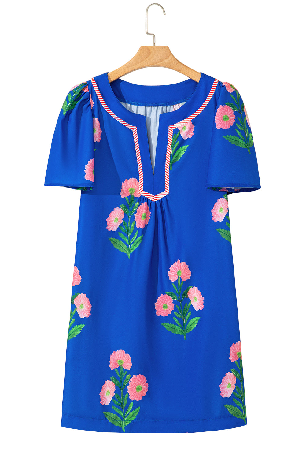 Blue Floral Short Sleeve Split Neck Loose Mini Dress-TOPS / DRESSES-[Adult]-[Female]-2022 Online Blue Zone Planet