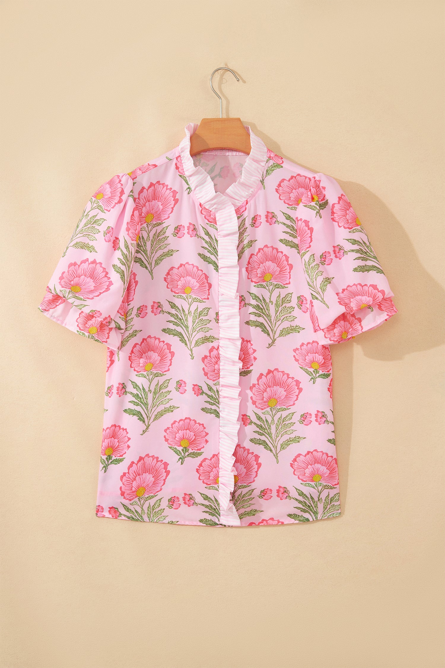 Pink Sweet Blooms Ruffle Striped Trim Puff Sleeve Shirt-Tops/Blouses & Shirts-[Adult]-[Female]-2022 Online Blue Zone Planet