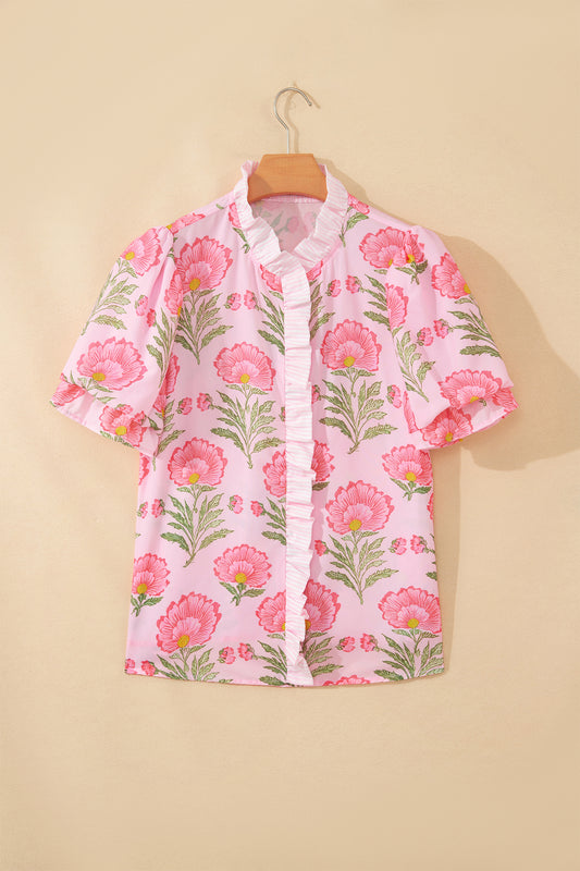 Pink Sweet Blooms Ruffle Striped Trim Puff Sleeve Shirt-Tops/Blouses & Shirts-[Adult]-[Female]-2022 Online Blue Zone Planet