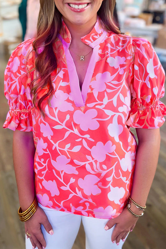 Red Floral Split V Neck Ruffled Short Sleeve Blouse Top-Tops/Blouses & Shirts-[Adult]-[Female]-Red-S-2022 Online Blue Zone Planet
