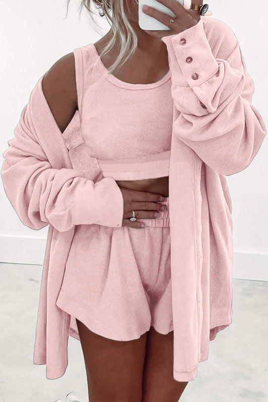 Light Pink 3 Pcs Crop Tank Top Shorts with Cardigan Lounge Set-Loungewear & Sleepwear/Loungewear-[Adult]-[Female]-Light Pink-S-2022 Online Blue Zone Planet