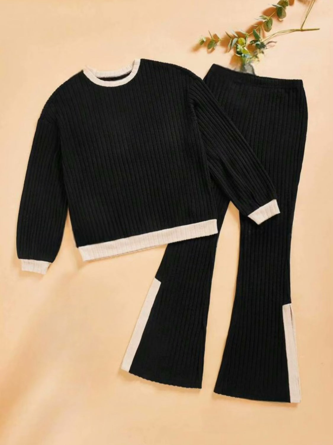 Contrast Round Neck Long Sleeve Top and Bootcut Pants Set-TOPS / DRESSES-[Adult]-[Female]-Black-S-2022 Online Blue Zone Planet