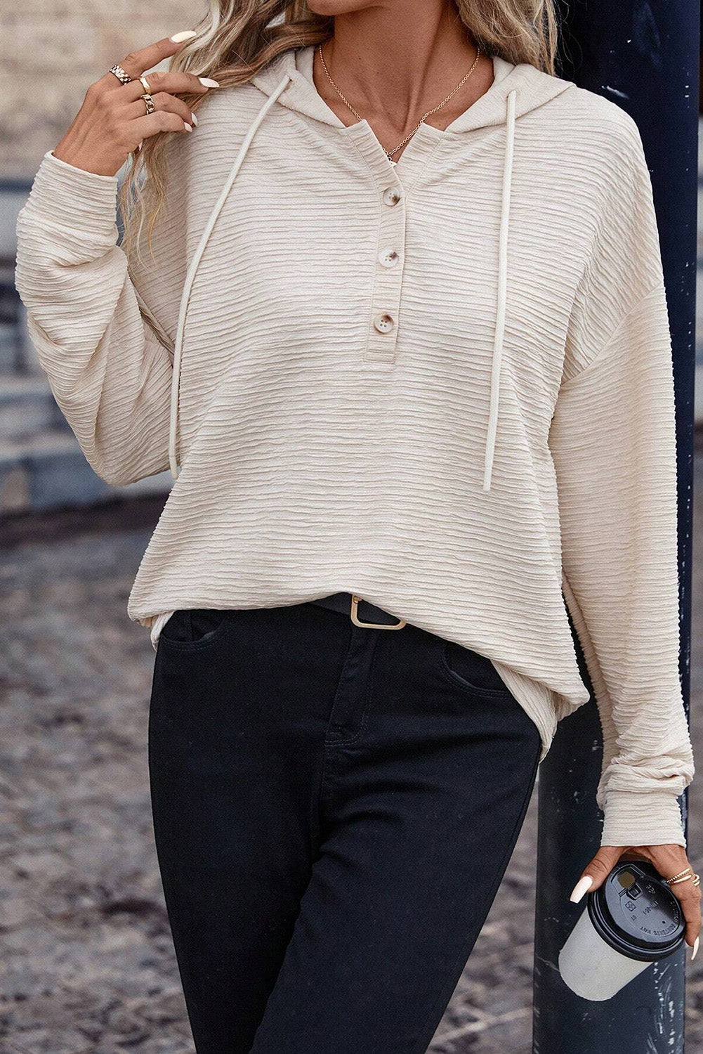 Apricot Solid Textured Drawstring Henley Hoodie-Tops/Sweatshirts & Hoodies-[Adult]-[Female]-2022 Online Blue Zone Planet