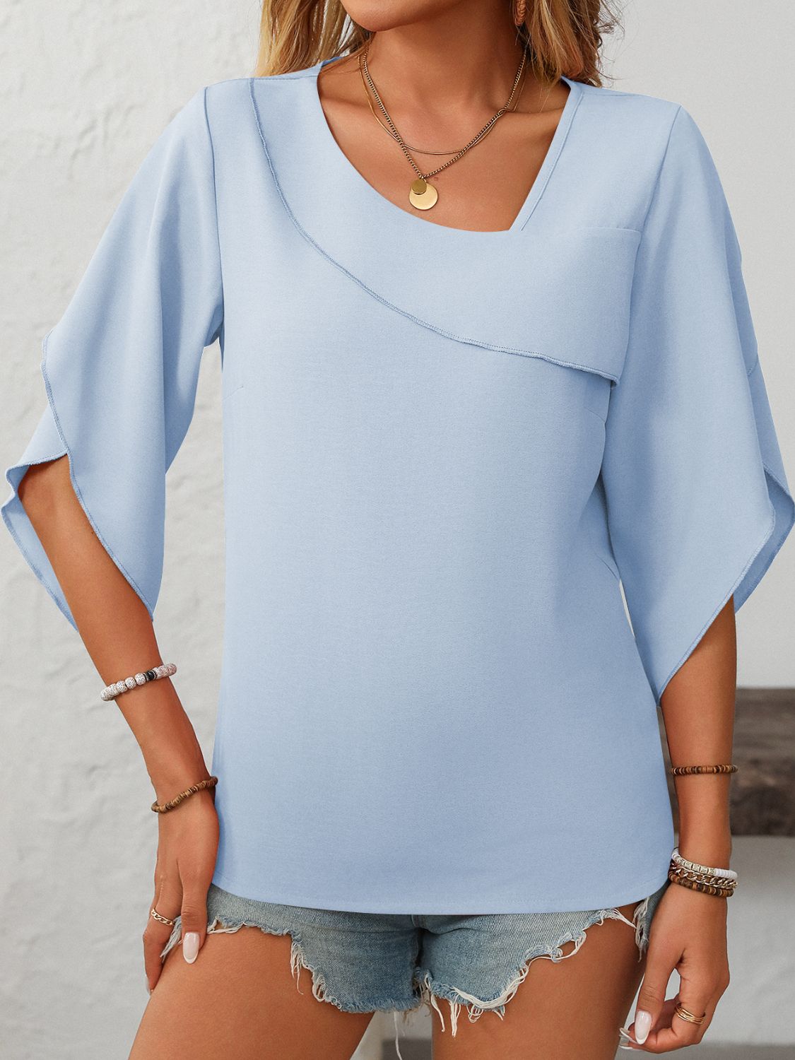 Mandy Ruffled Asymmetrical Neck Half Sleeve Blouse-TOPS / DRESSES-[Adult]-[Female]-Light Blue-S-2022 Online Blue Zone Planet