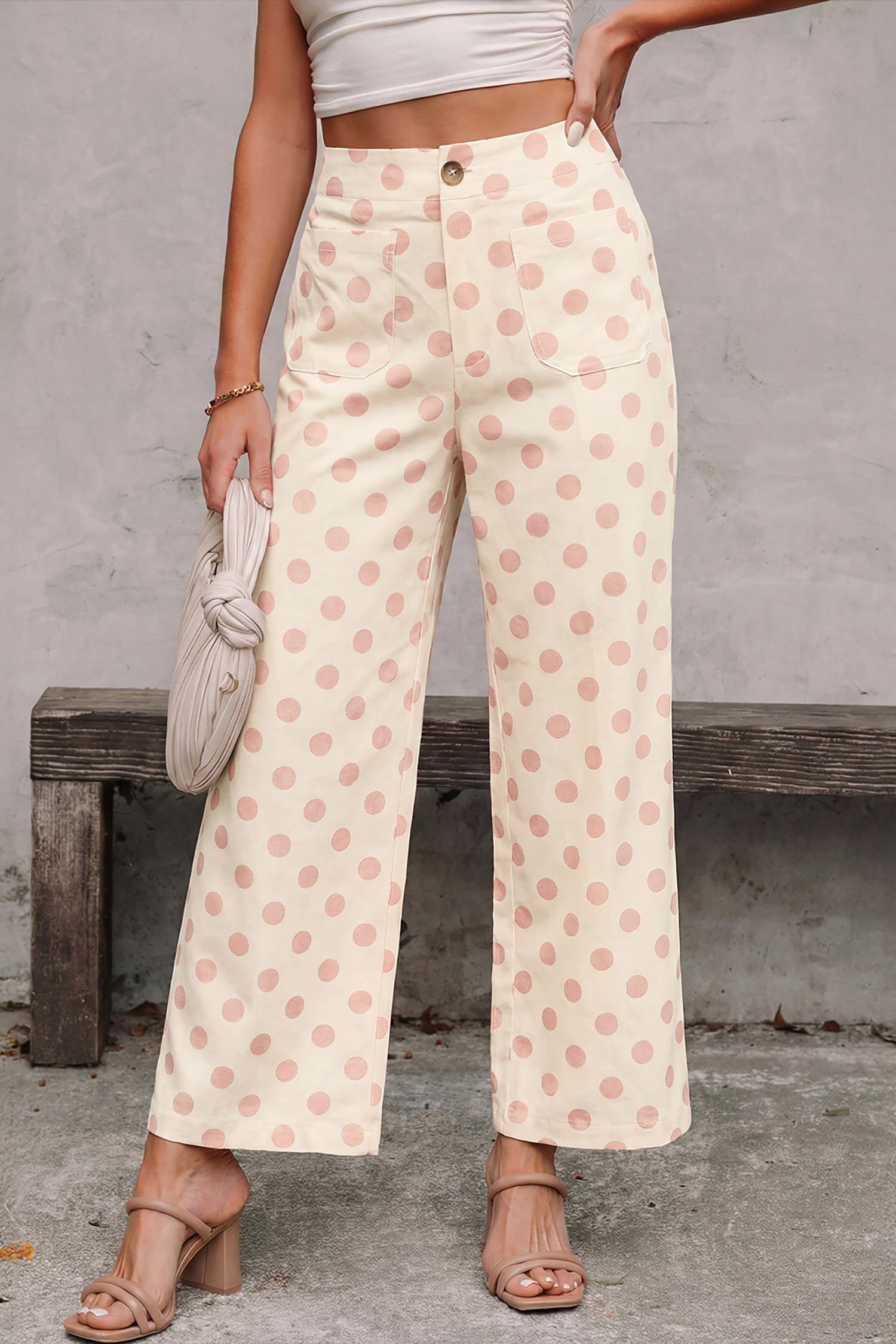 White Polka Dot Print Patched Pocket Loose Pants-Bottoms/Pants & Culotte-[Adult]-[Female]-2022 Online Blue Zone Planet