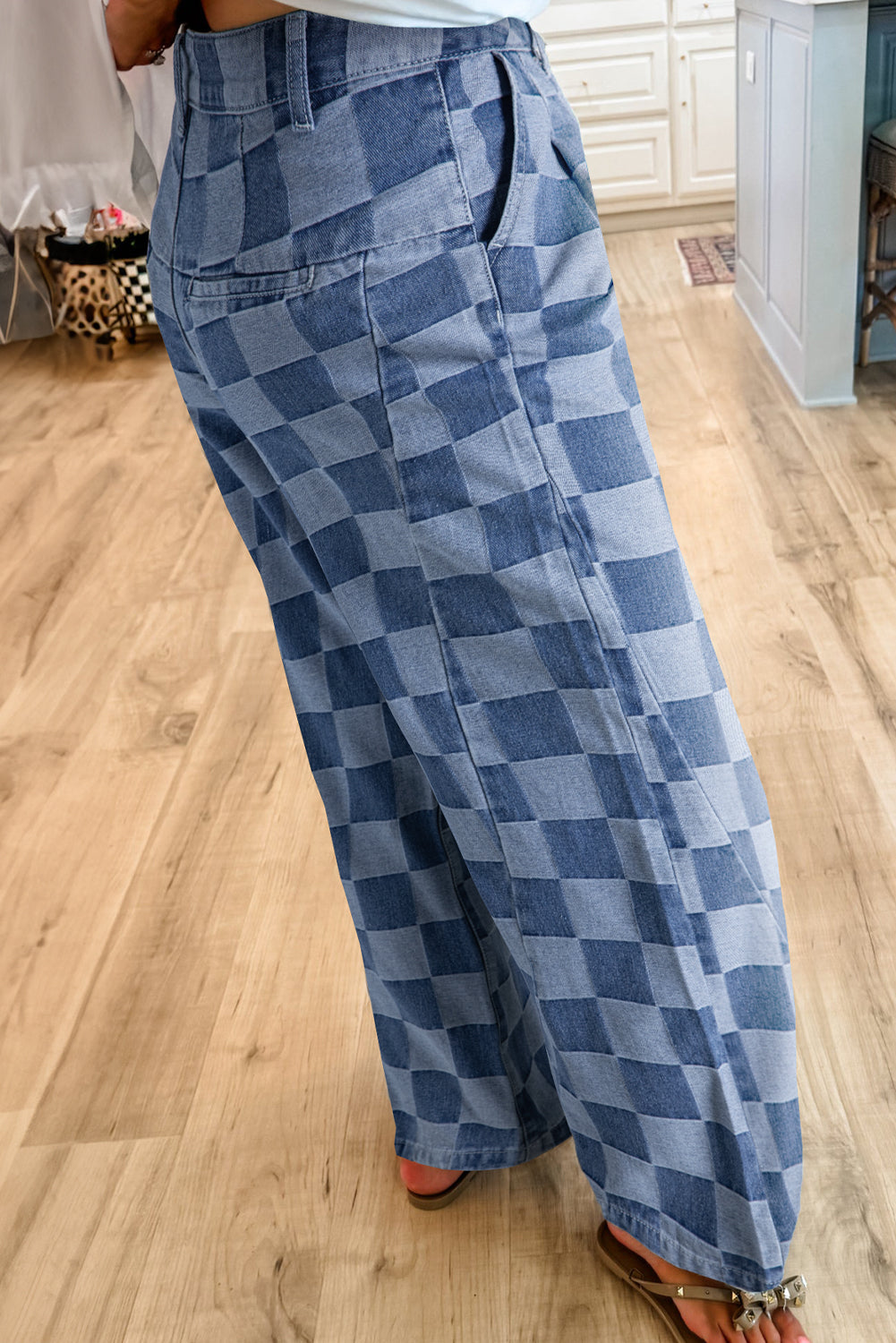 Dusk Blue Checkered Denim Wide Leg Jeans-Bottoms/Jeans-[Adult]-[Female]-2022 Online Blue Zone Planet