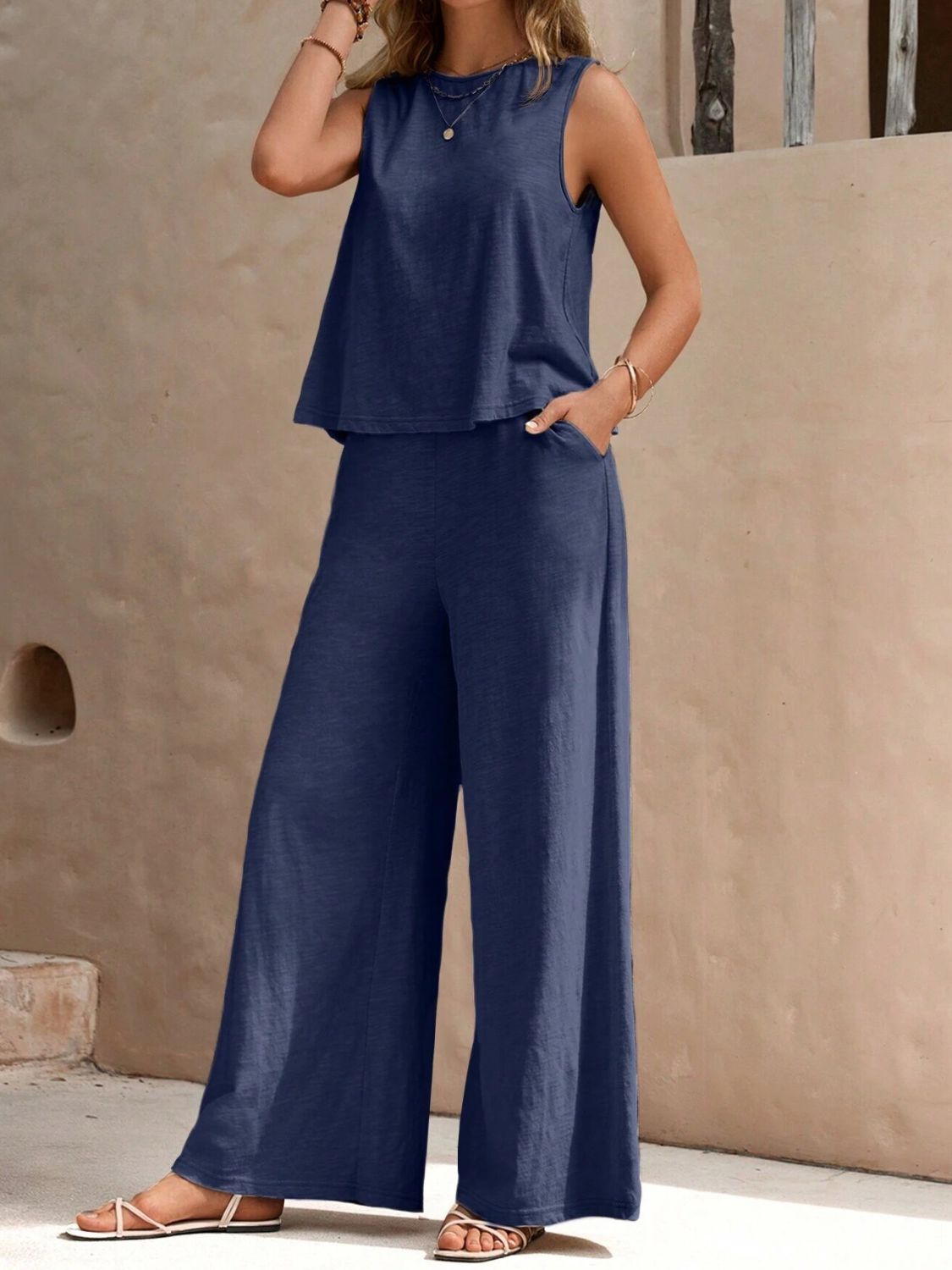 Round Neck Sleeveless Top and Wide Leg Pants Set-TOPS / DRESSES-[Adult]-[Female]-Dusty Blue-S-2022 Online Blue Zone Planet