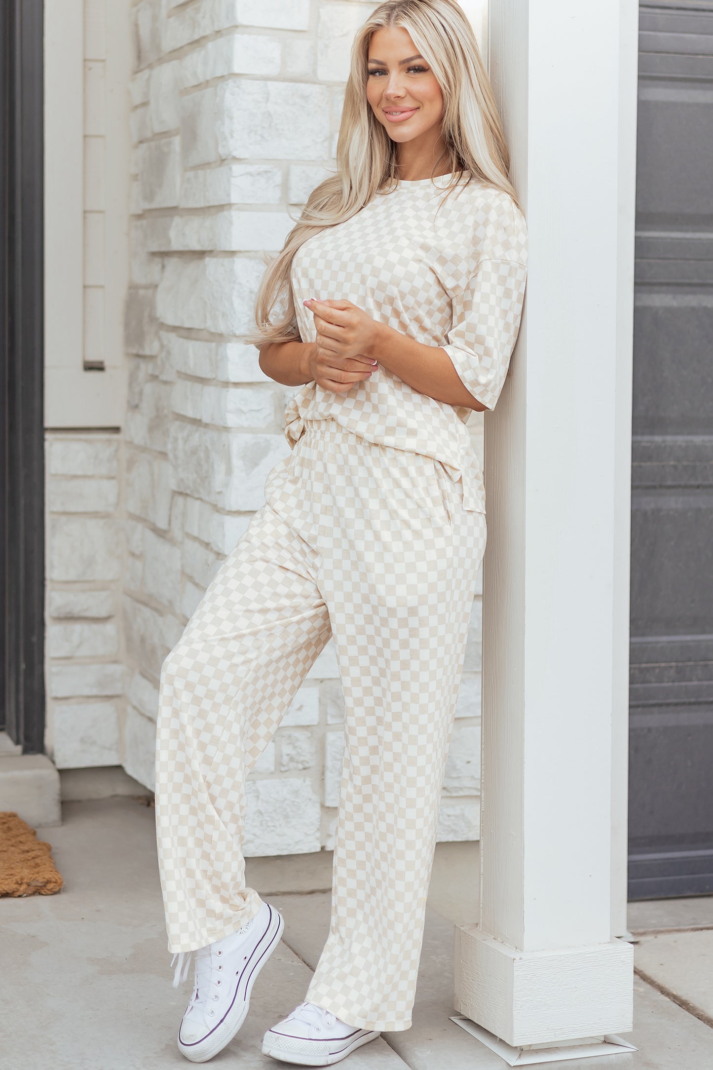 Khaki Checkered Print Half Sleeve Tee 2pcs Lounge Pant Set-Loungewear & Sleepwear/Loungewear-[Adult]-[Female]-2022 Online Blue Zone Planet