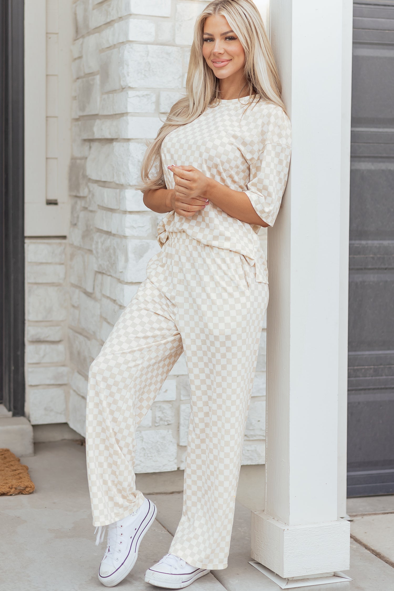 Khaki Checkered Print Half Sleeve Tee 2pcs Lounge Pant Set-Loungewear & Sleepwear/Loungewear-[Adult]-[Female]-2022 Online Blue Zone Planet