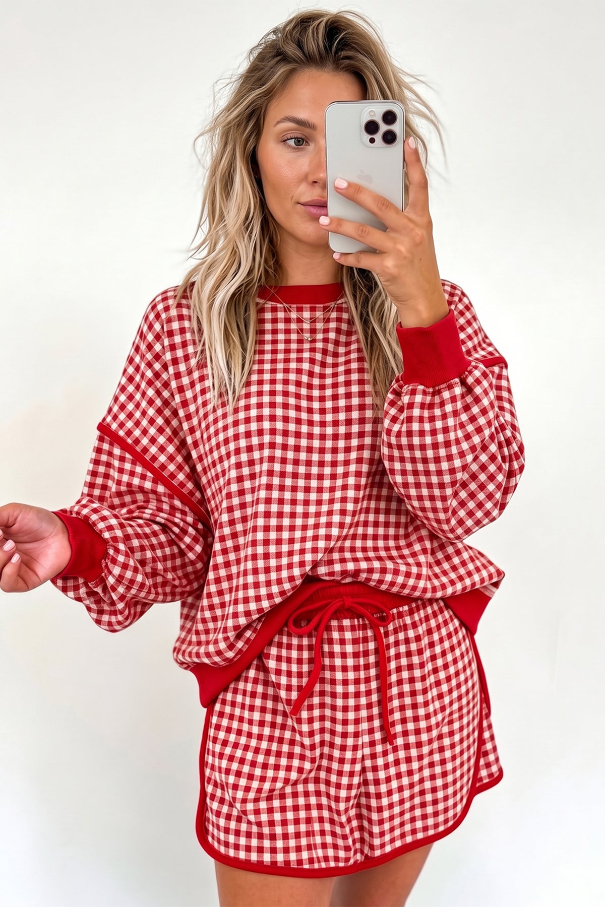 Red Gingham Oversized Ribbed Trim Crew Neck Long Sleeve Top and Skort Set-Two Piece Sets/Two Piece Dresses-[Adult]-[Female]-2022 Online Blue Zone Planet