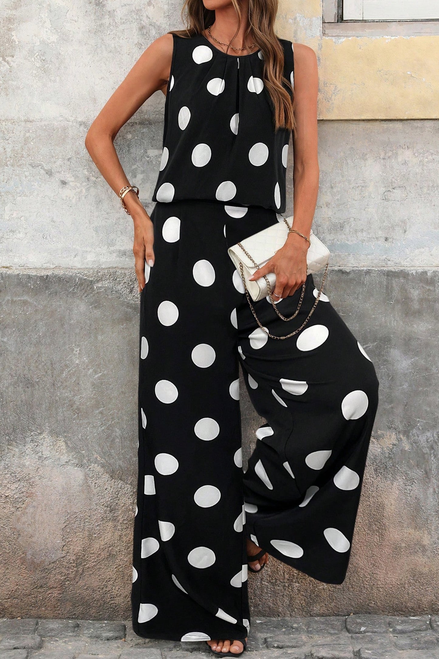 Black Polka Dot Print Pleated Round Neck Tank Casual Wide Leg Two-Piece Outfit-Two Piece Sets/Pant Sets-[Adult]-[Female]-Black-S-2022 Online Blue Zone Planet