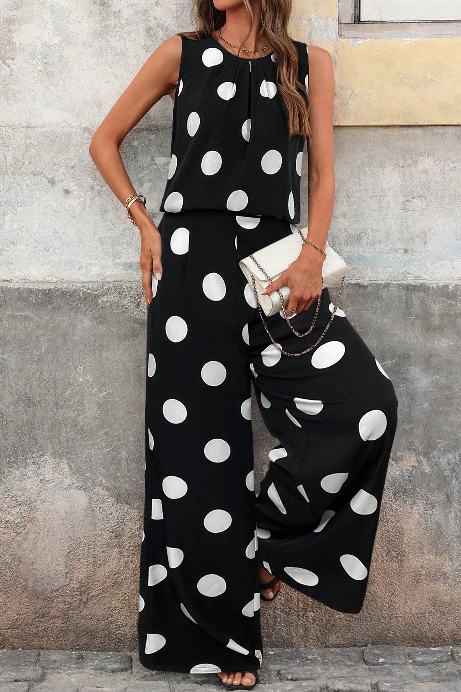 Black Polka Dot Print Pleated Round Neck Tank Casual Wide Leg Two-Piece Outfit-Two Piece Sets/Pant Sets-[Adult]-[Female]-Black-S-2022 Online Blue Zone Planet