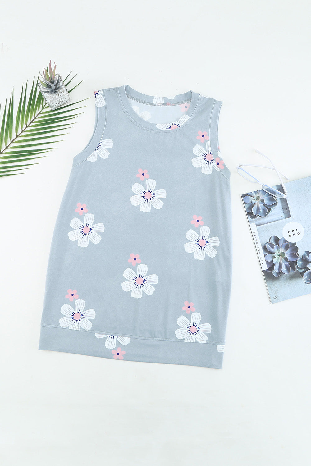 Gray Casual Floral Crew Neck Tank Top-Tops/Tank Tops-[Adult]-[Female]-2022 Online Blue Zone Planet