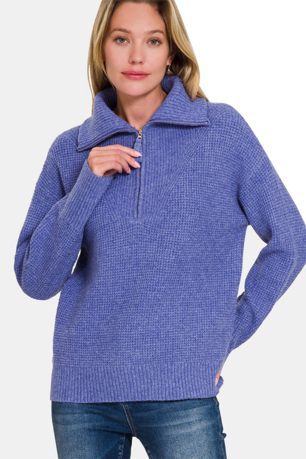 Zenana Half Zip Long Sleeve Sweater-TOPS / DRESSES-[Adult]-[Female]-2022 Online Blue Zone Planet