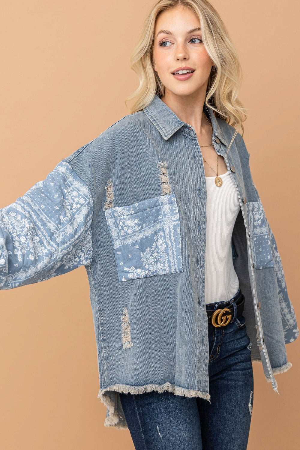 And The Why Full Size Paisley Print Quilted Sleeves Denim Jacket-TOPS / DRESSES-[Adult]-[Female]-2022 Online Blue Zone Planet