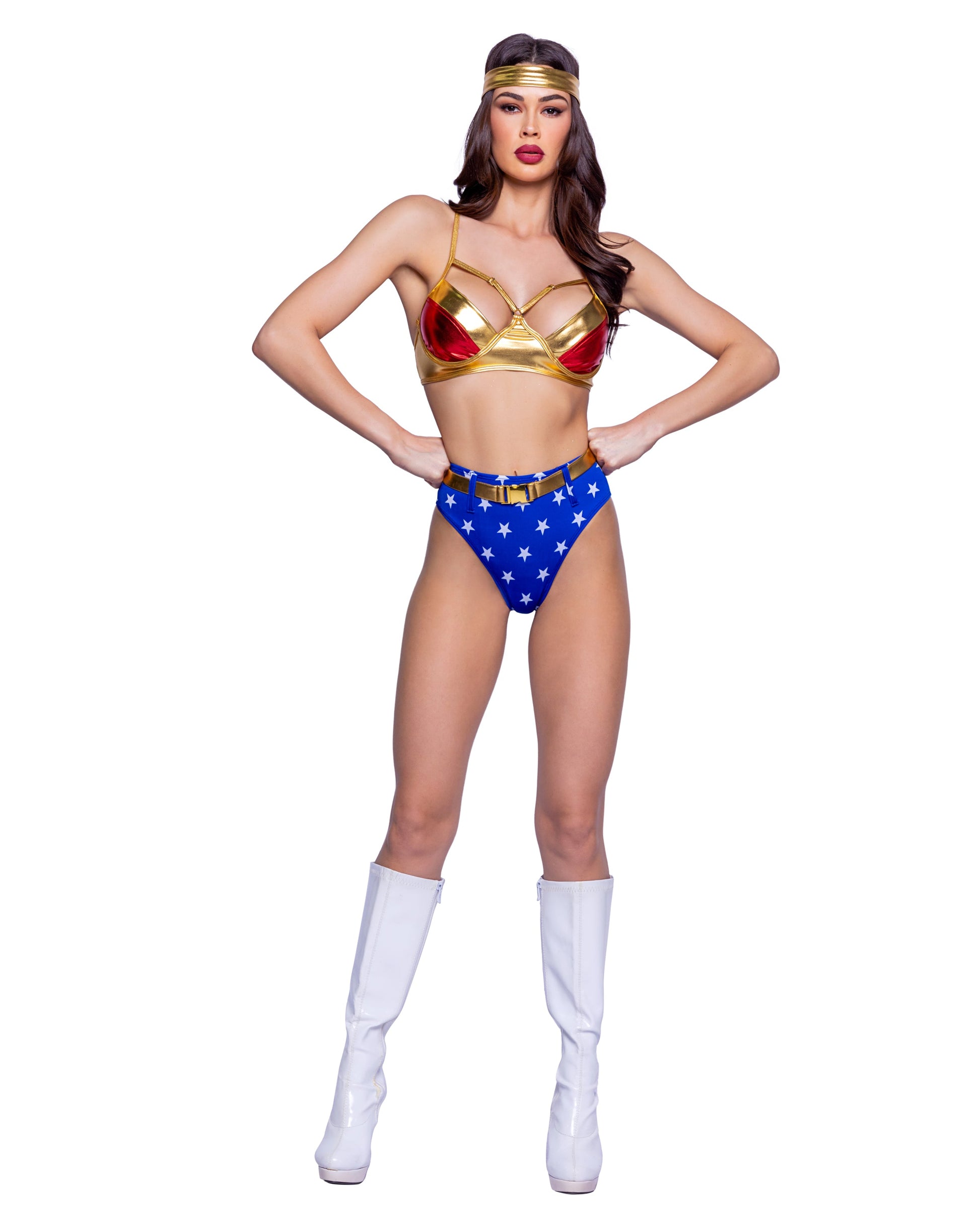 4 Piece Woman Power Costume-TOPS / DRESSES-[Adult]-[Female]-Gold/Blue/Red-Small-2022 Online Blue Zone Planet