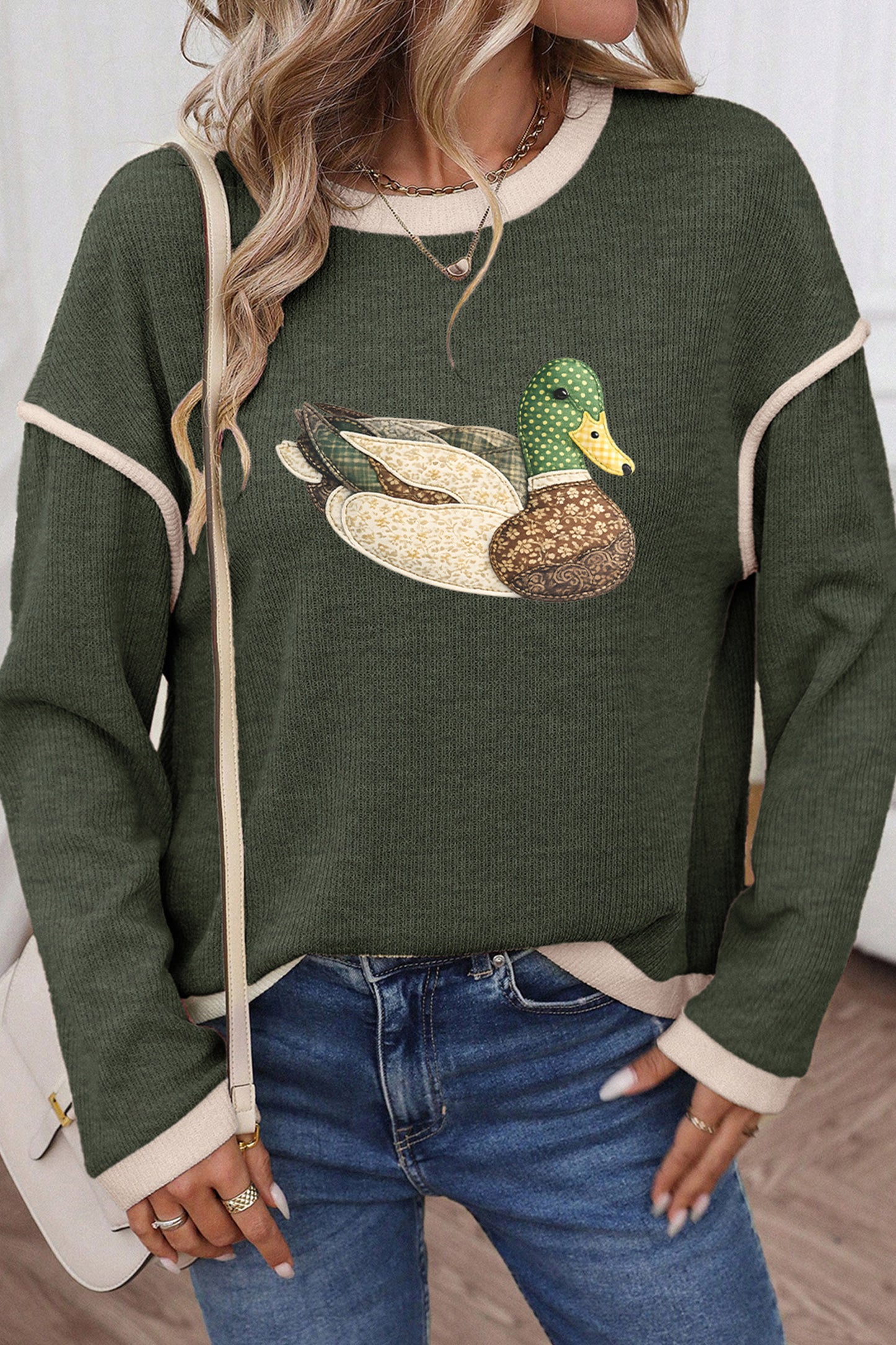 Four Leaf Clover Mallard Duck Graphic Contrast Trim Patchwork Casual Knit Top-Graphic/Graphic Long Sleeve Tees-[Adult]-[Female]-2022 Online Blue Zone Planet