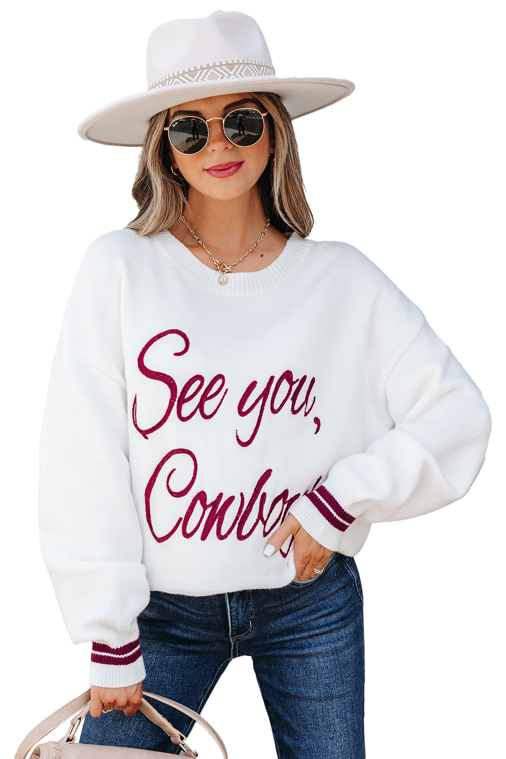 White See You Cowboy Embroidered Western Graphic Sweater-TOPS / DRESSES-[Adult]-[Female]-2022 Online Blue Zone Planet