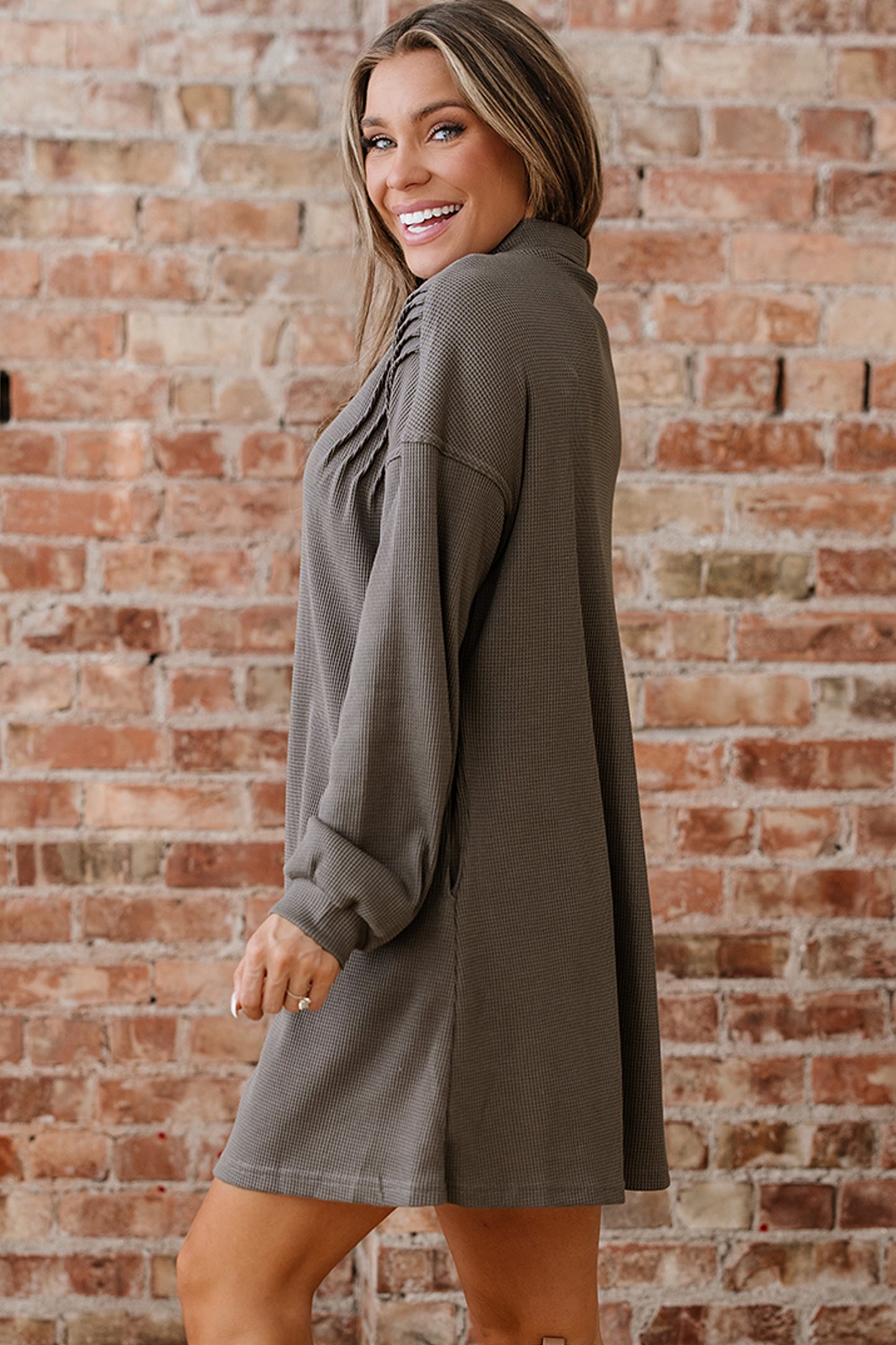Waffle Knit Button Front Band Collar Mini Dress - Sunny Angela Simply Taupe / M Waffle Knit Button Front Band Collar Mini Dress - Sunny Angela Simply Taupe / M