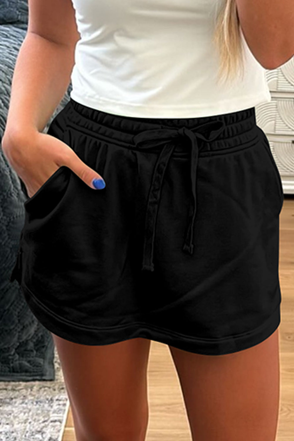 Black French Terry Drawstring Mini Skort with Pockets-Bottoms/Skirts & Petticoat-[Adult]-[Female]-Black-S-2022 Online Blue Zone Planet