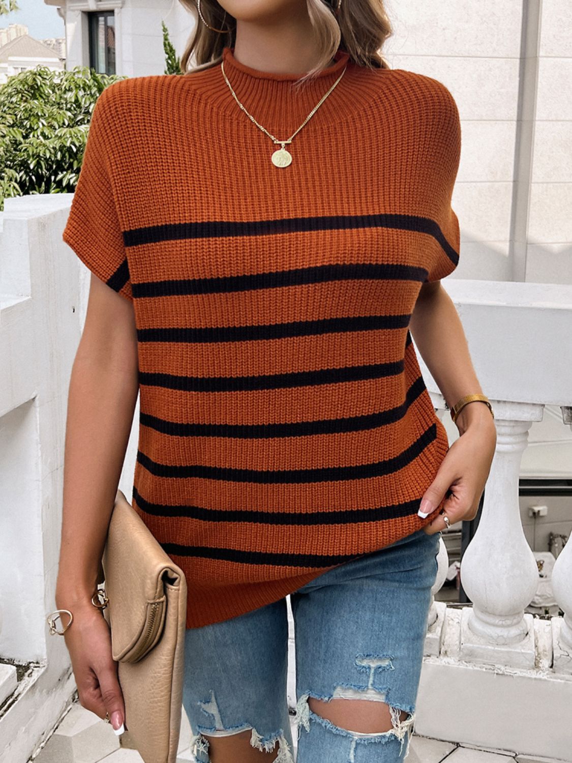 Striped Mock Neck Short Sleeve Sweater-TOPS / DRESSES-[Adult]-[Female]-Terracotta-S-2022 Online Blue Zone Planet