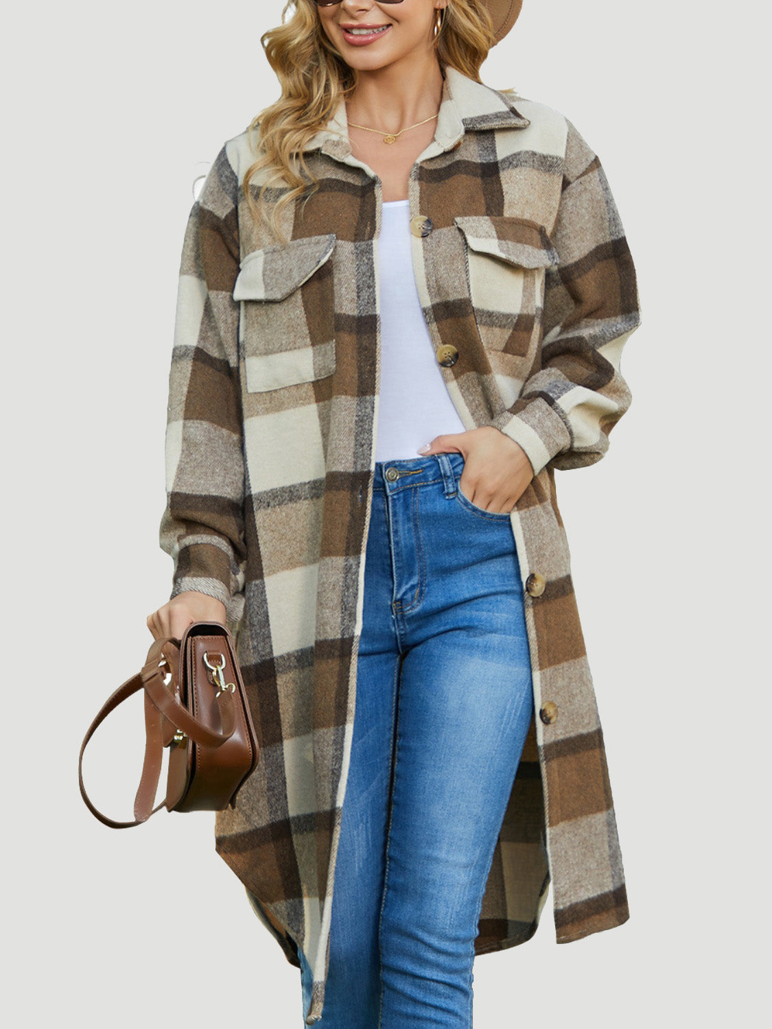 Plaid Collared Neck Long Sleeve Longline Jacket-TOPS / DRESSES-[Adult]-[Female]-Caramel-S-2022 Online Blue Zone Planet