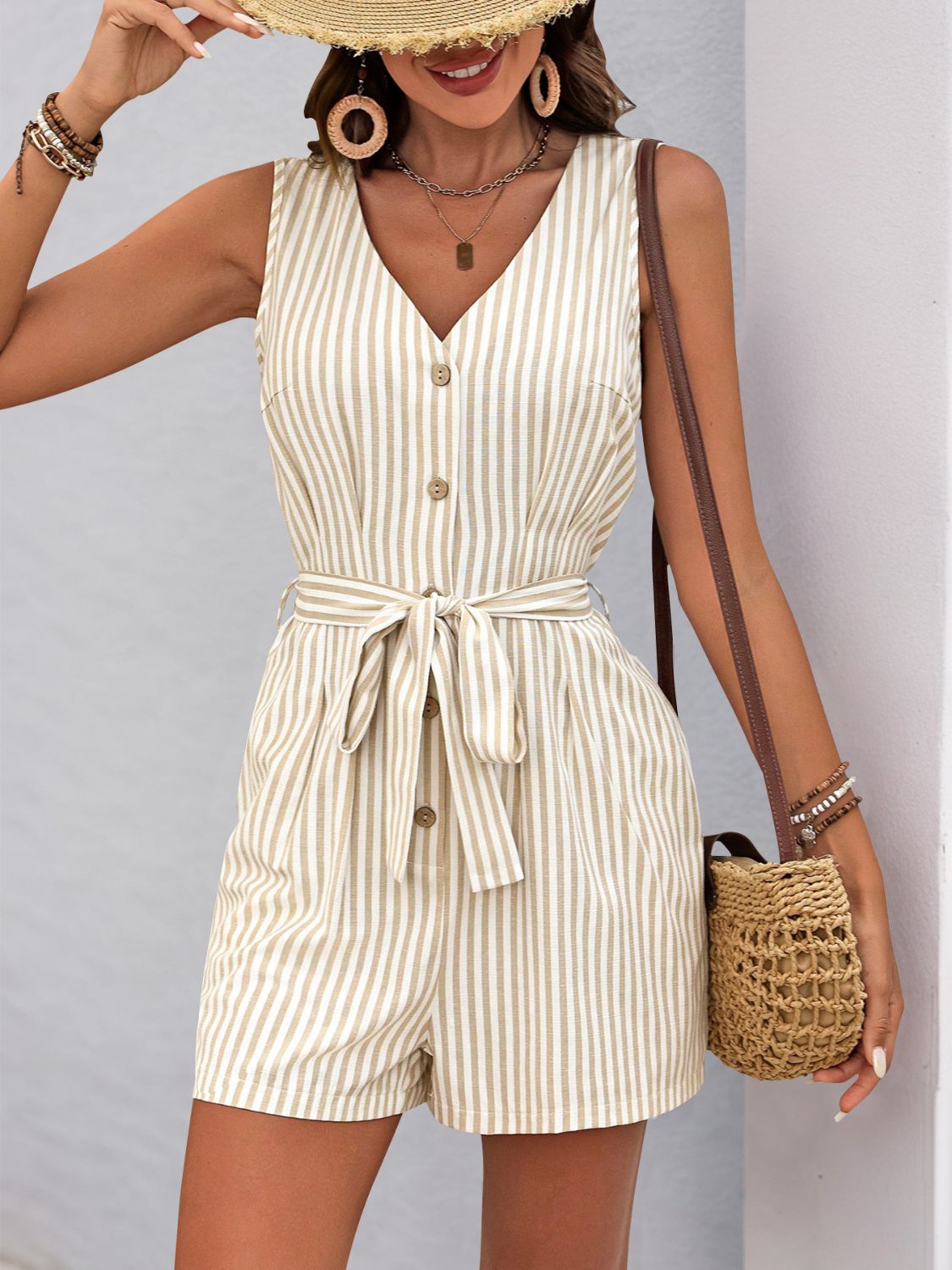 Blue Zone Planet | Perfee Striped V-Neck Tie Waist Romper-TOPS / DRESSES-[Adult]-[Female]-2022 Online Blue Zone Planet