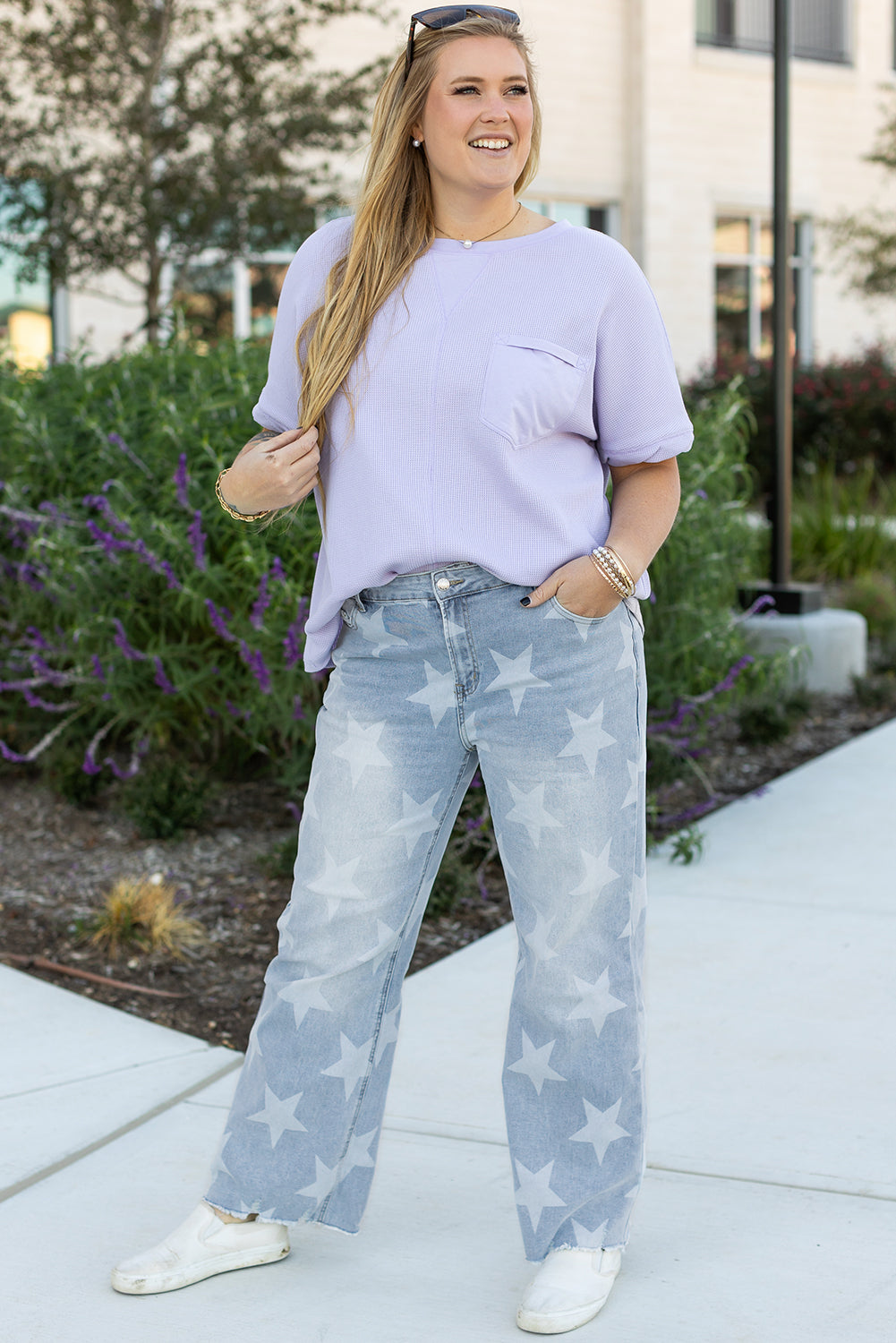 Blue Zone Planet | Beau Blue High Waist Star Pattern Plus Size Jeans-Plus Size/Plus Size Bottoms-[Adult]-[Female]-2022 Online Blue Zone Planet