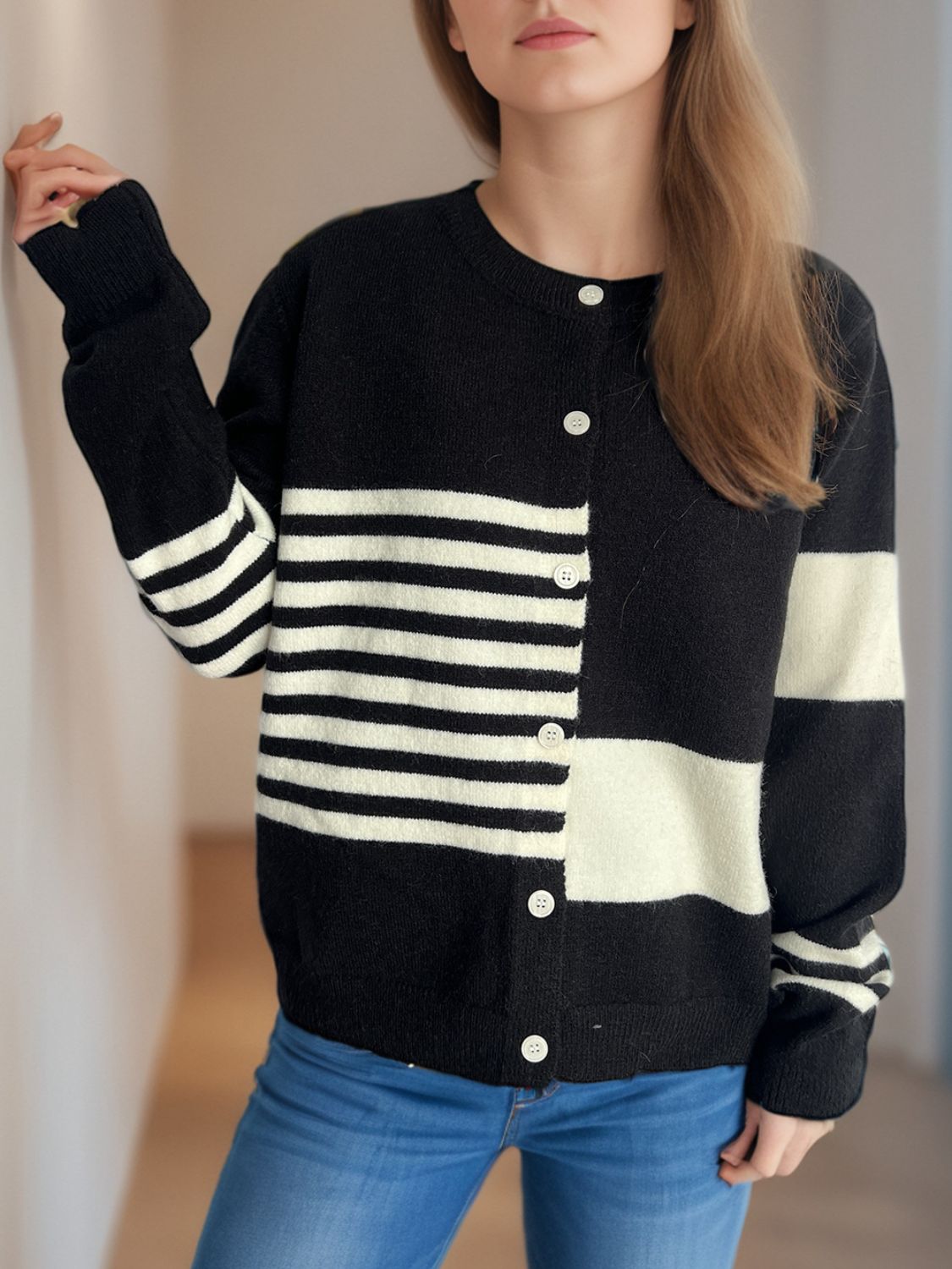 Blue Zone Planet | Striped Color Block Round Neck Cardigan-TOPS / DRESSES-[Adult]-[Female]-2022 Online Blue Zone Planet