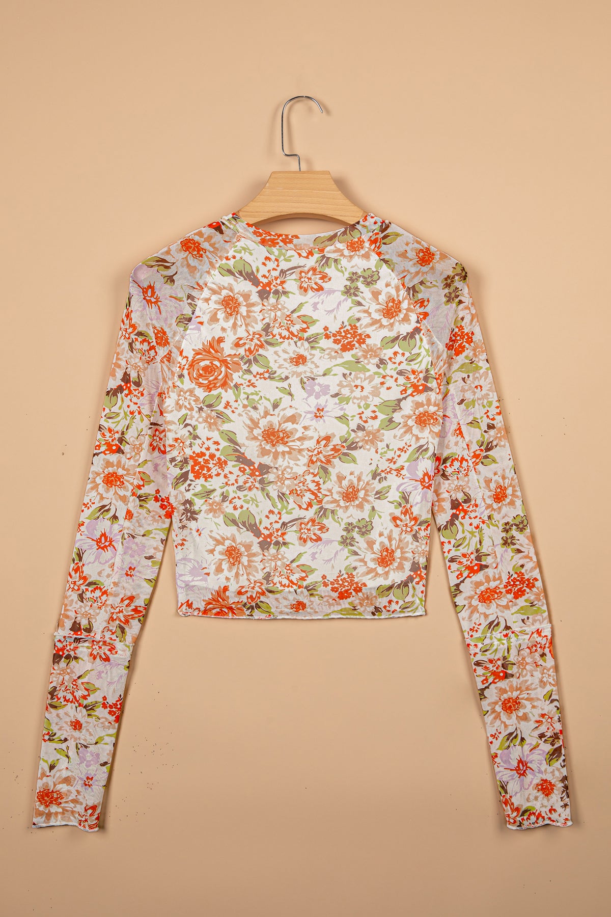 Multicolour Floral Print Mesh Thumbhole Long Sleeve Slim Top-Tops/Long Sleeve Tops-[Adult]-[Female]-2022 Online Blue Zone Planet