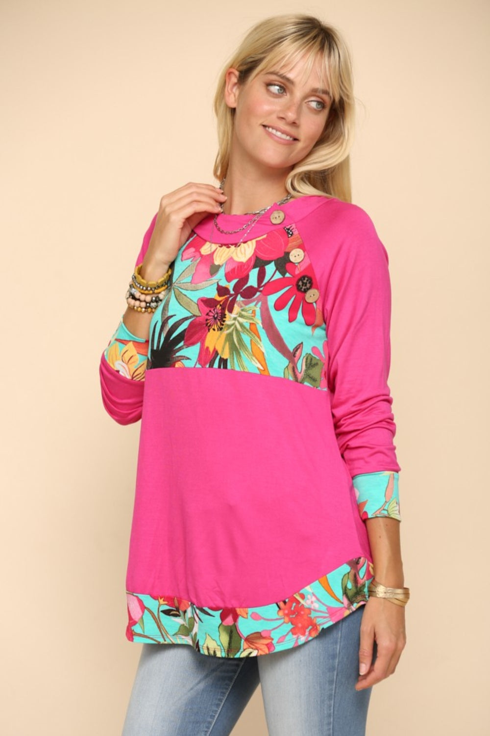 Celeste Full Size Tropical Print Long Sleeve T-Shirt-TOPS / DRESSES-[Adult]-[Female]-2022 Online Blue Zone Planet