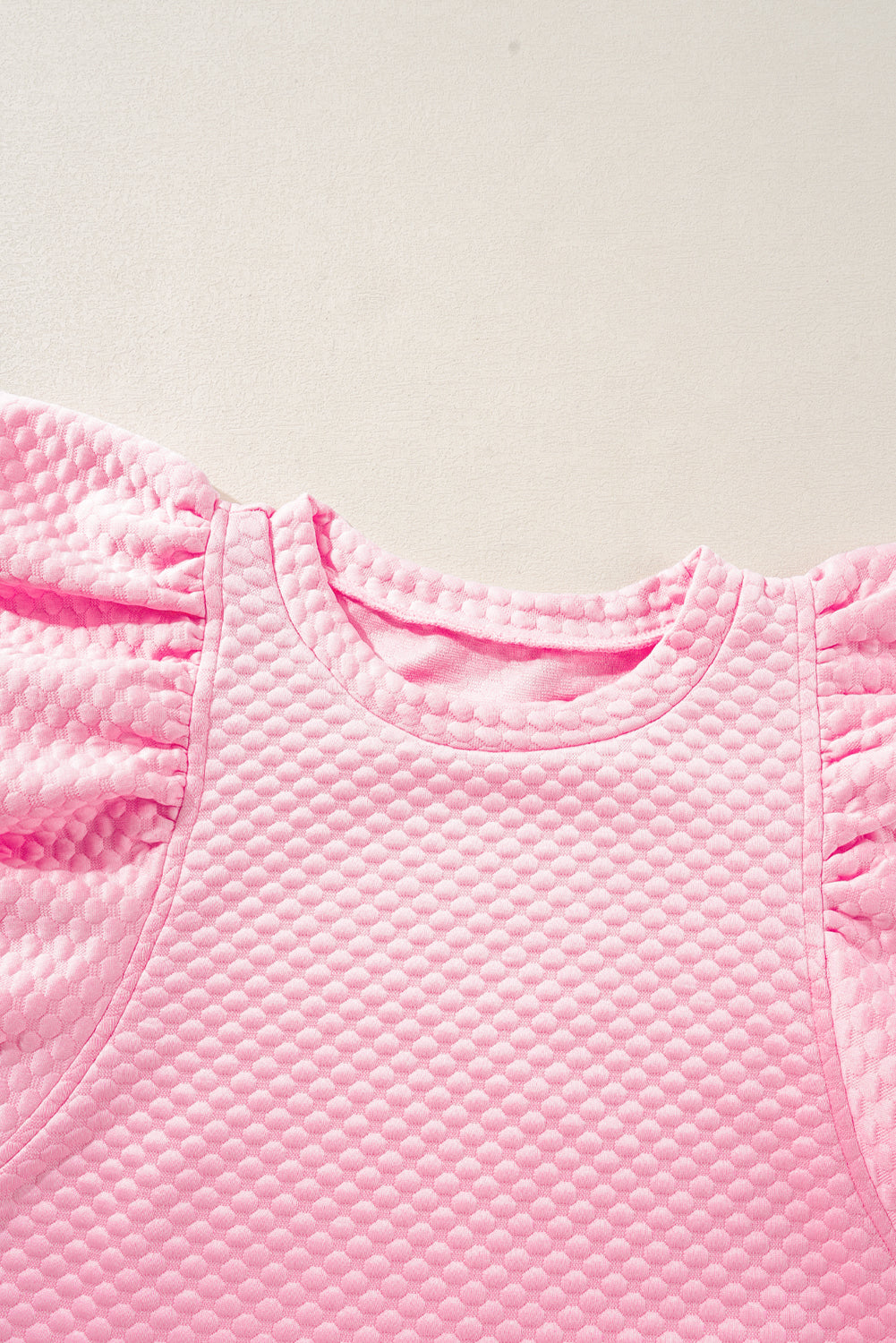 Blue Zone Planet | Pink Textured Ruffle Short Sleeve Pullover Top-Tops/Tops & Tees-[Adult]-[Female]-2022 Online Blue Zone Planet