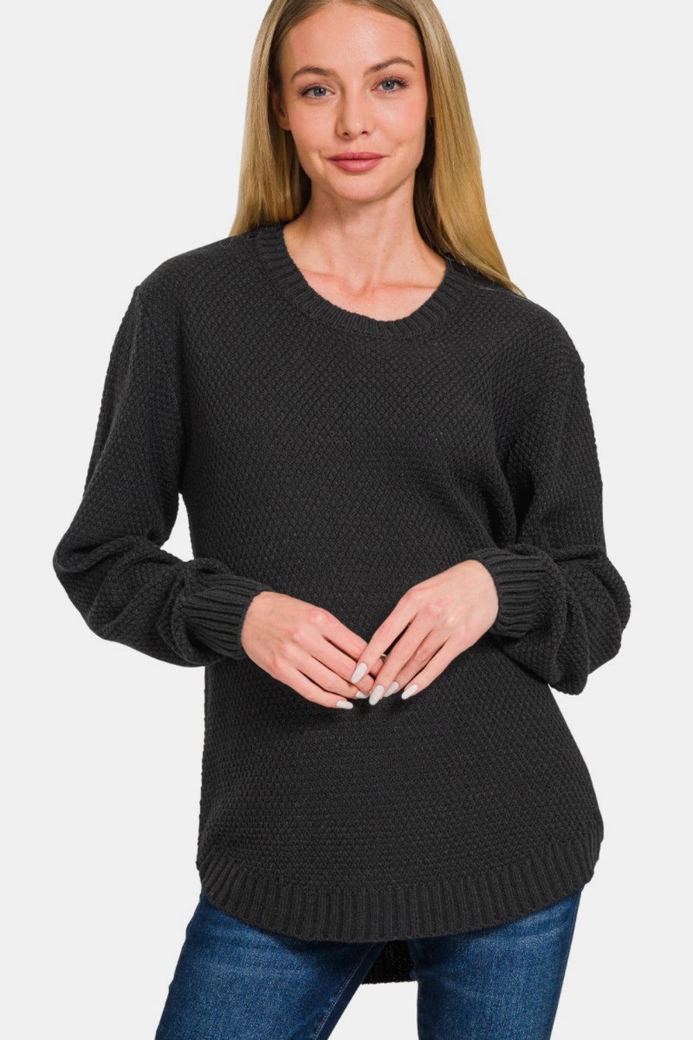 Zenana Ful Size Round Neck Long Sleeve Curved Hem Sweater-TOPS / DRESSES-[Adult]-[Female]-Black-S-2022 Online Blue Zone Planet