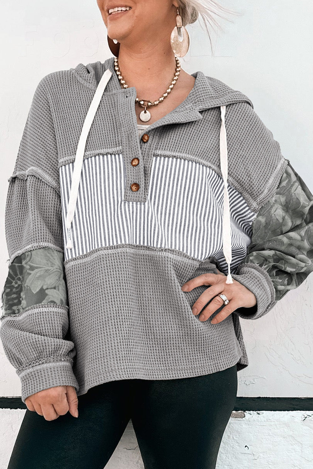 Gray Waffle Printed Patchwork Drawstring Hooded Long Sleeve Top-Tops / Dresses-[Adult]-[Female]-2022 Online Blue Zone Planet