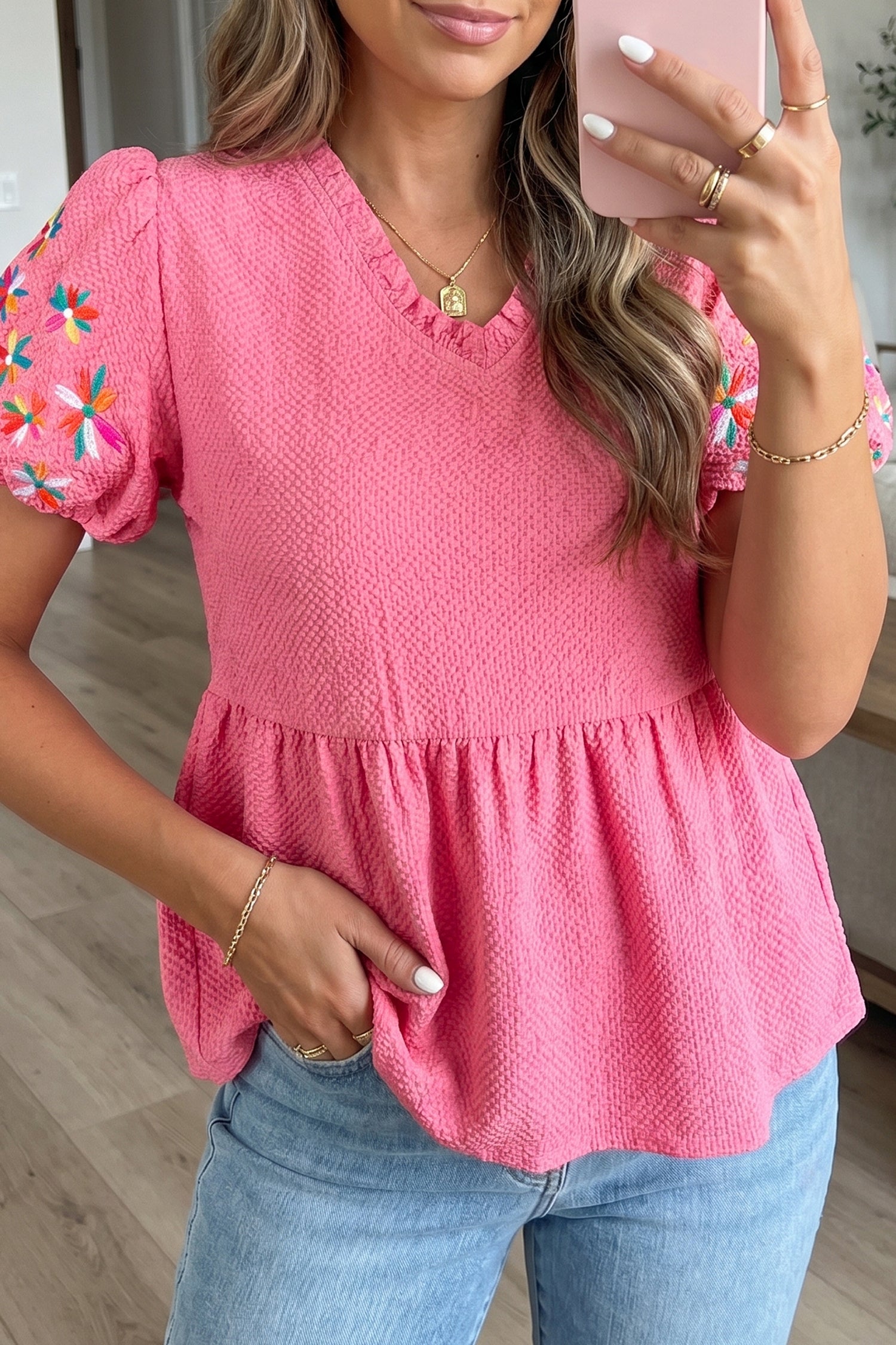 Sachet Pink Frilled V Neck Flower Embroidered Puff Sleeve Textured Blouse-Tops/Blouses & Shirts-[Adult]-[Female]-2022 Online Blue Zone Planet