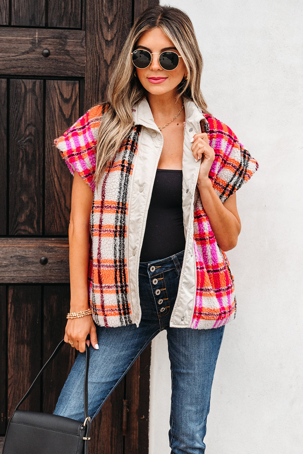 Rose Sherpa Plaid Jacket Vest-Outerwear/Vests-[Adult]-[Female]-2022 Online Blue Zone Planet