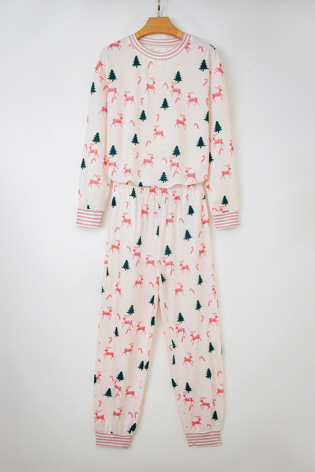 Pink Bow Christmas Tree Print Contrast Striped Banding 2pcs Lounge Set-Loungewear & Sleepwear/Loungewear-[Adult]-[Female]-2022 Online Blue Zone Planet