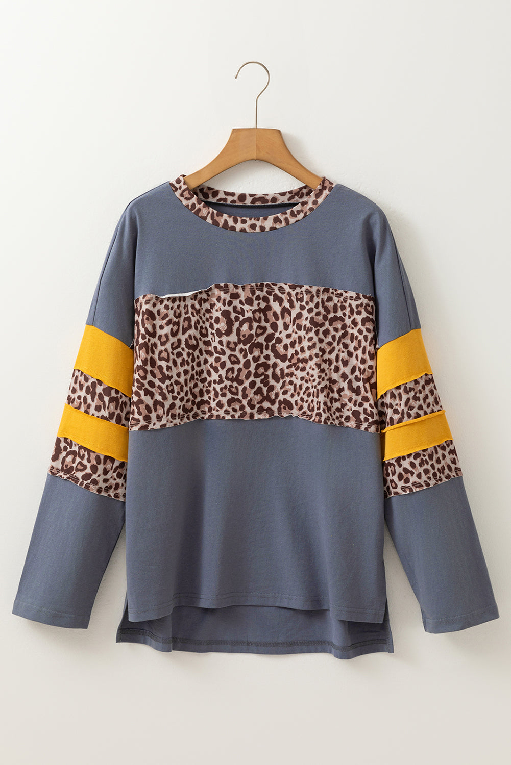 Dark Blue Leopard Colorblock Patchwork Long Sleeve Drop Shoulder Top-Tops/Long Sleeve Tops-[Adult]-[Female]-2022 Online Blue Zone Planet