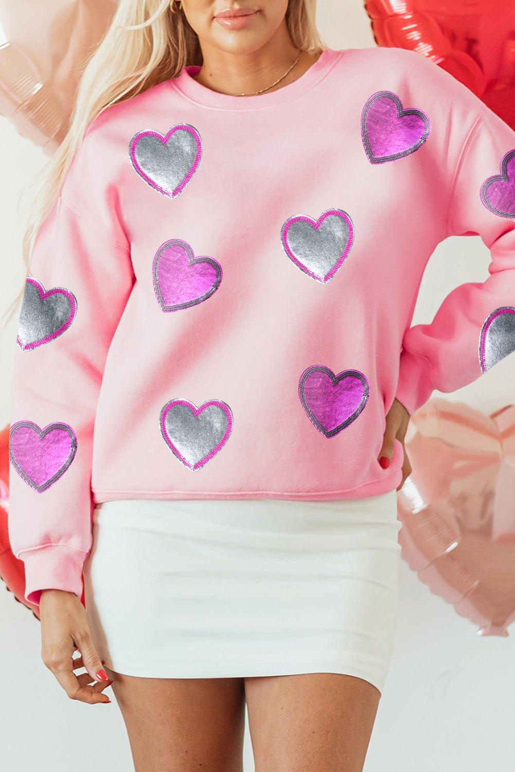 Blue Zone Planet | Pink Valentines Heart Patched Drop Shoulder Sweatshirt-Graphic Sweatshirts-[Adult]-[Female]-2022 Online Blue Zone Planet