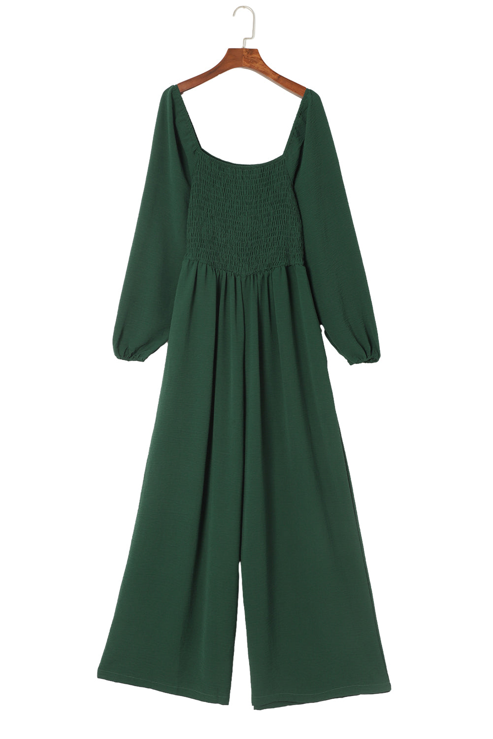 Green Smocked Square Neck Long Sleeve Wide Leg Jumpsuit-Jumpsuits-[Adult]-[Female]-2022 Online Blue Zone Planet