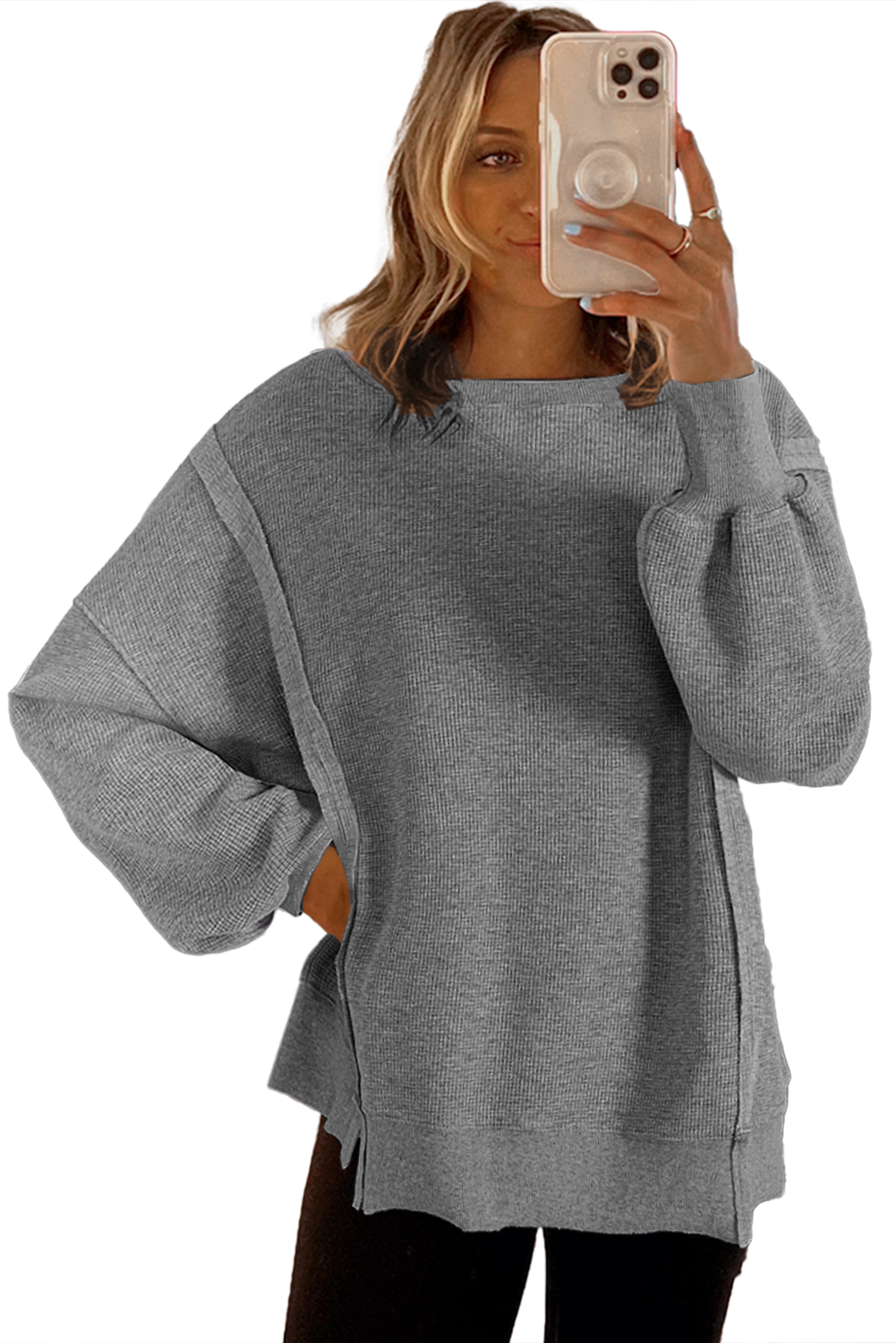 Blue Zone Planet | Gray Knit Bishop Sleeve Split Oversized Sweatshirt-Sweatshirts & Hoodies-[Adult]-[Female]-2022 Online Blue Zone Planet