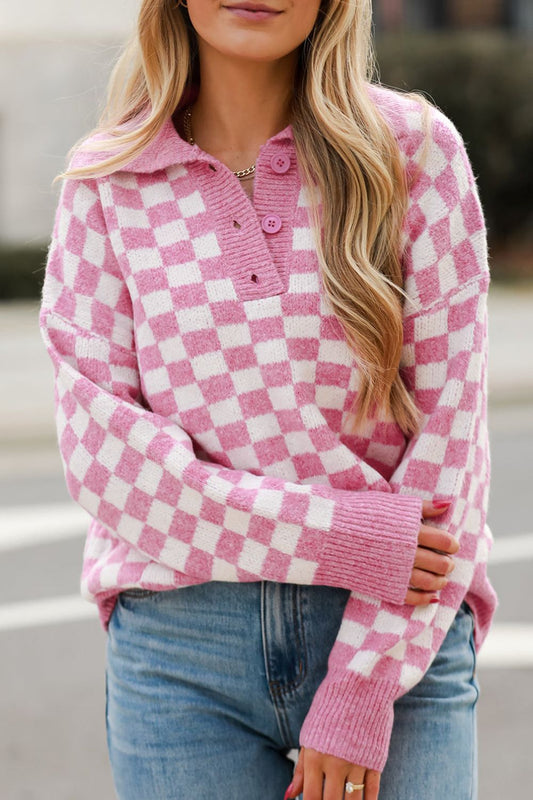 Checkered Collared Neck Long Sleeve Sweater-TOPS / DRESSES-[Adult]-[Female]-Blush Pink-M-2022 Online Blue Zone Planet