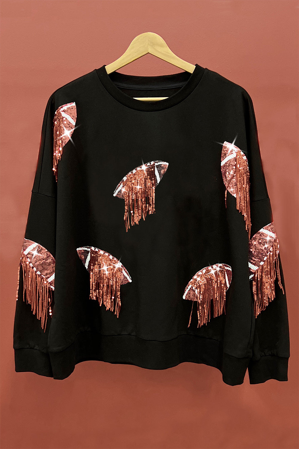 BiBi Sequin Fringe Football Patch Round Neck Sweatshirt-TOPS / DRESSES-[Adult]-[Female]-2022 Online Blue Zone Planet