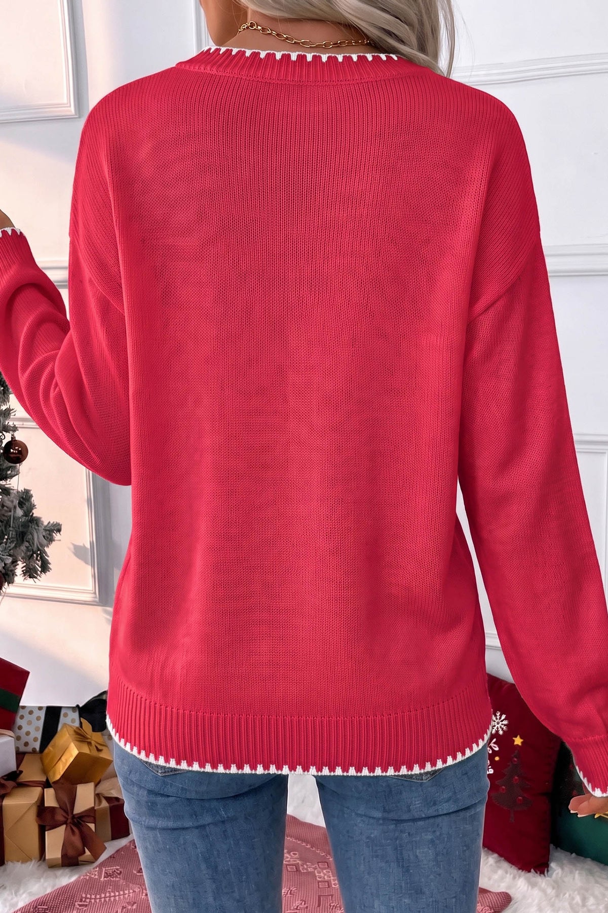 Racing Red Stitched Detail Christmas Tree Holiday Casual Sweater-TOPS / DRESSES-[Adult]-[Female]-2022 Online Blue Zone Planet