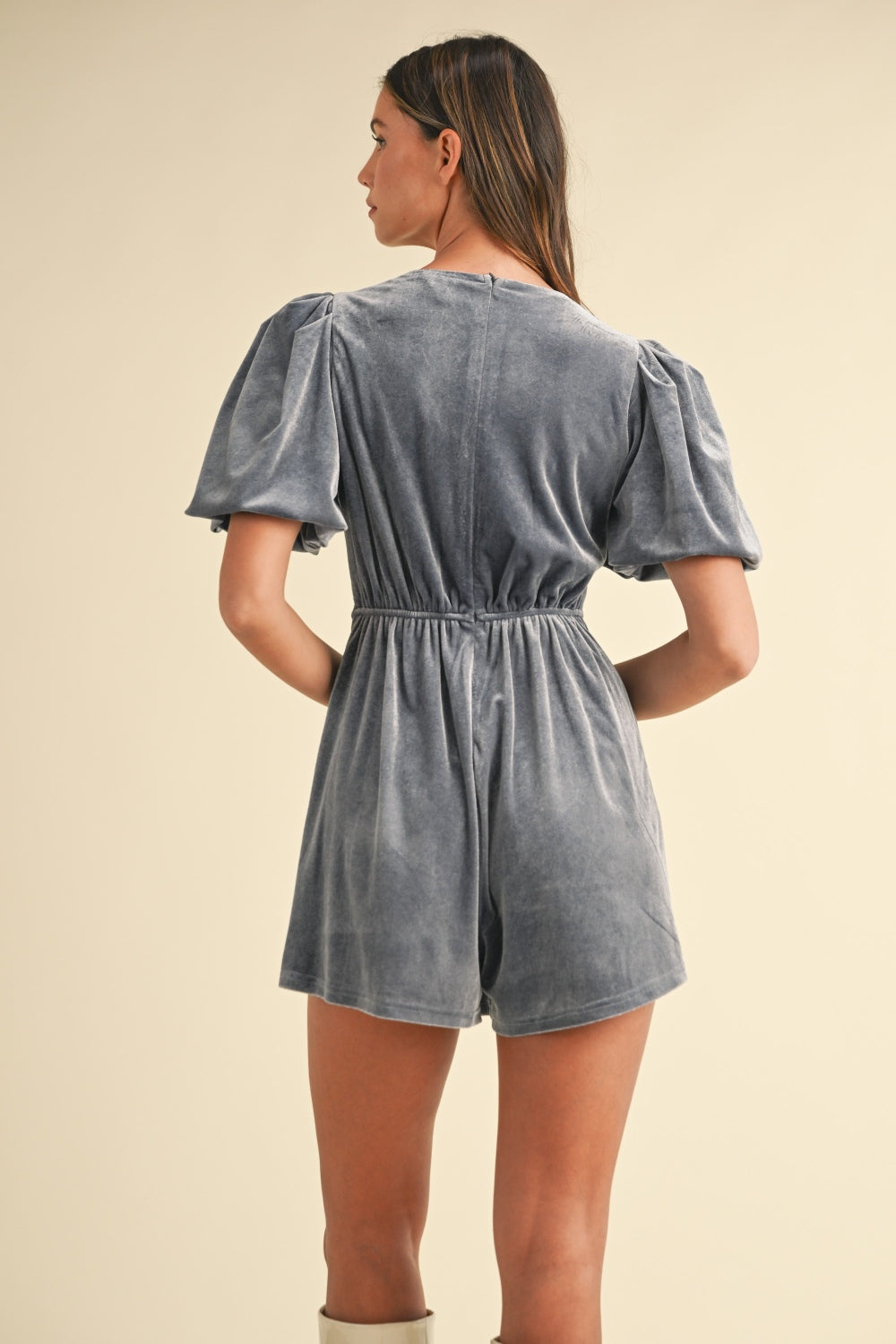 Mable Jewel Bow Decor Puff Sleeve Velvet Romper-TOPS / DRESSES-[Adult]-[Female]-2022 Online Blue Zone Planet