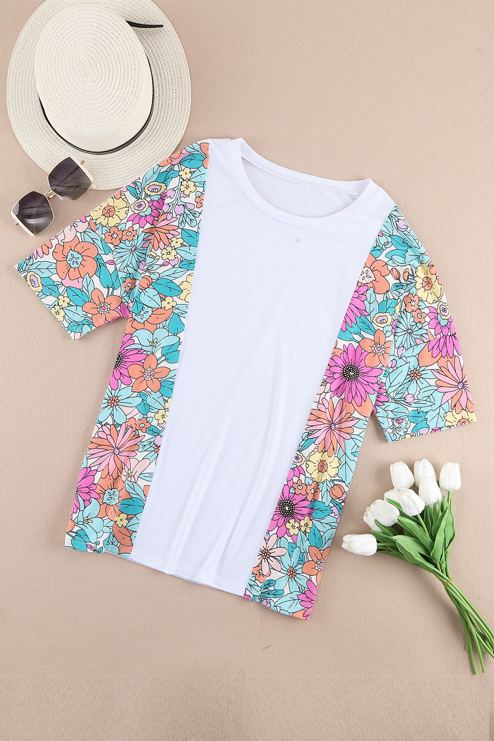 White Floral Print Patchwork Short Sleeve Top-Tops/Tops & Tees-[Adult]-[Female]-2022 Online Blue Zone Planet