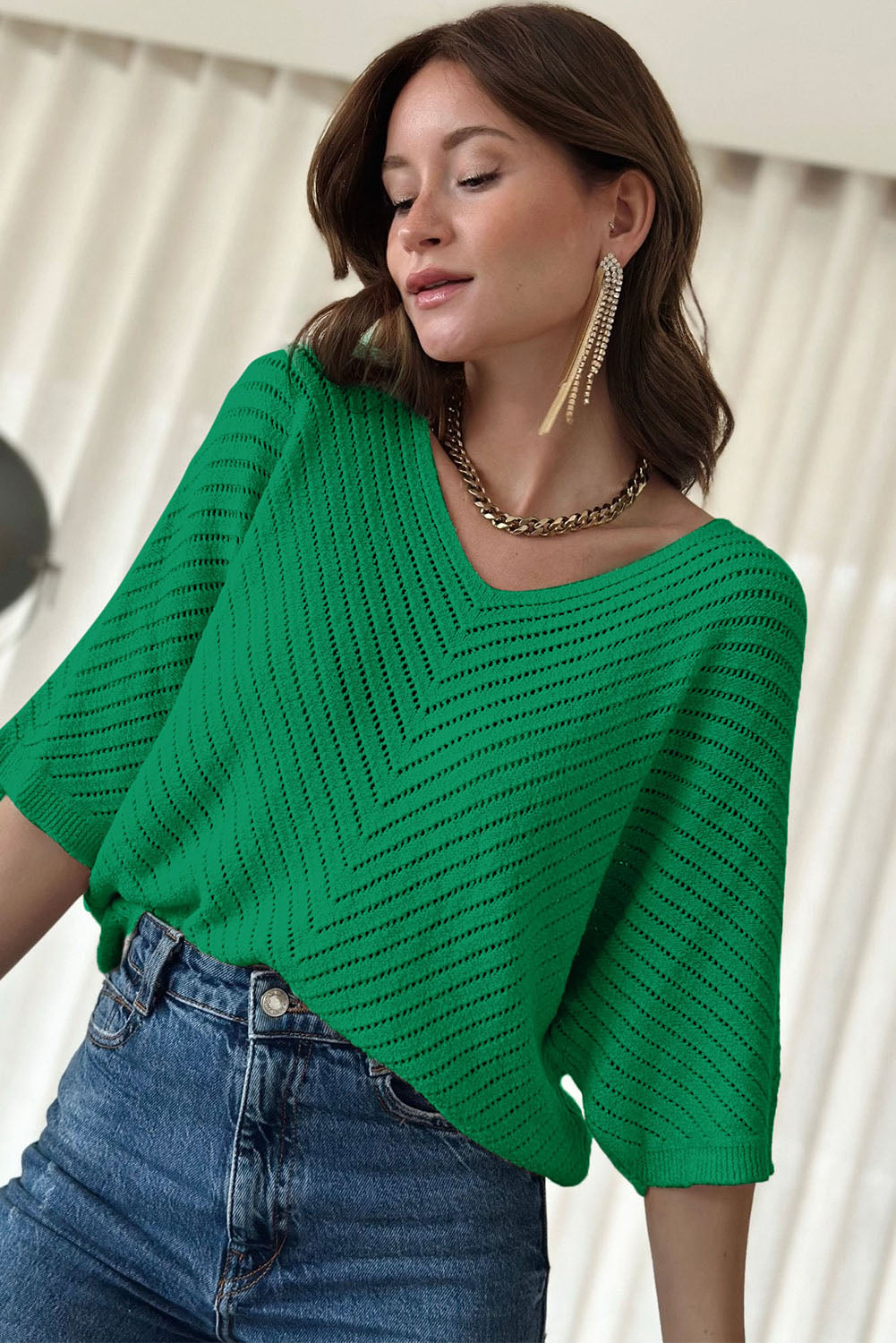 Green Half Sleeve V Neck Pointelle Knitted Sweater Top-TOPS / DRESSES-[Adult]-[Female]-2022 Online Blue Zone Planet