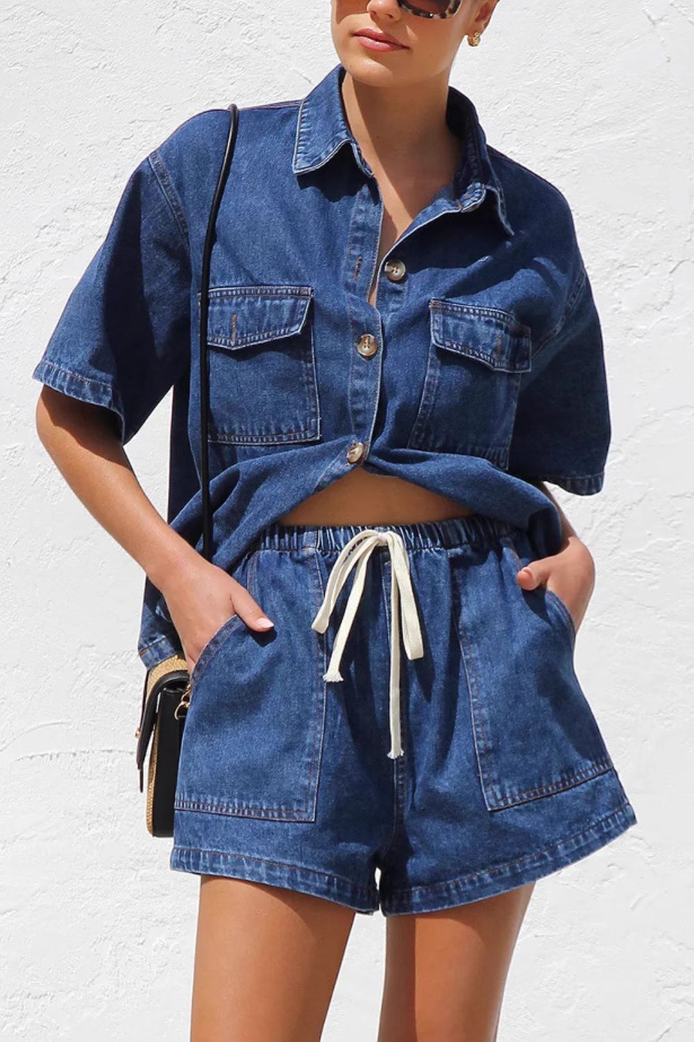 Collared Neck Button Up Top and Shorts Denim Set-TOPS / DRESSES-[Adult]-[Female]-2022 Online Blue Zone Planet